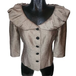 Laura Gold Toned Ruffled Puff Collar Blazer With Cropped Sleeves Size 12